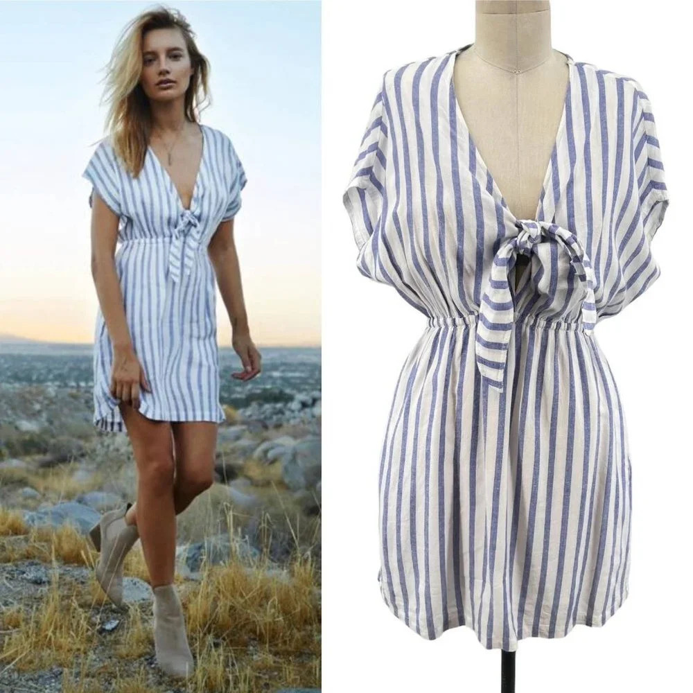 Rails Charlotte Dress in Grenadines Stripe White Blue Linen Size XS